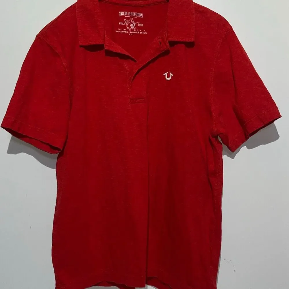 True Religion Men's Red Collared Two Button Short Sleeve Polo Shirt‎ Large